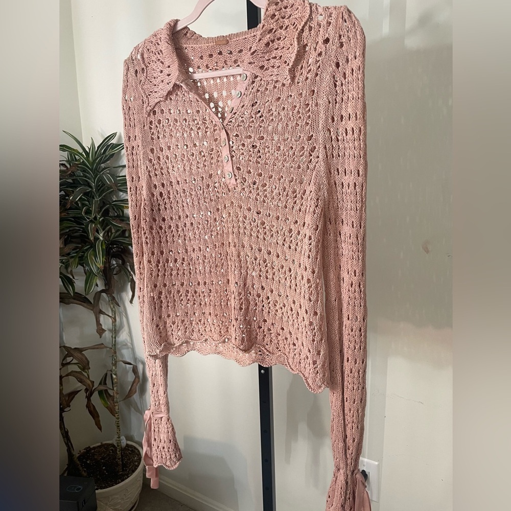 Free People|| Pointelle Crochet Pullover in Mauve Rose, Size Small - Picture 3 of 8
